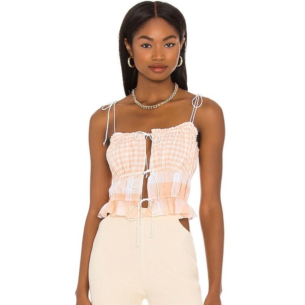 For Love & Lemons Allyson Gingham Tie Front Tank Top Orange Size Medium